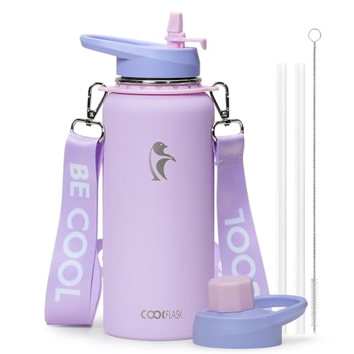 Coolflask Insulated Water Bottle with Strap, 32 oz Metal Water Flask with Straw & Spout Lids, Stainless Steel Double Wall Vacuum, Keep Cold 48h Hot 24h, Leak Proof & Non-BPA, Prussian Blue