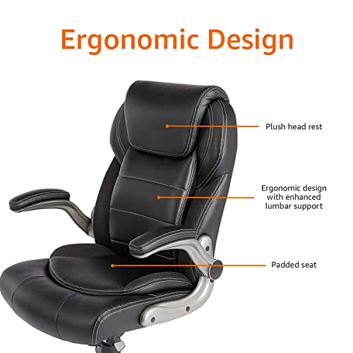 Amazon Basics Ergonomic High-Back Office Chair with Flip-Up Arms and Lumbar Support, 29.5"D x 27.5"W x 44.75"H, Black