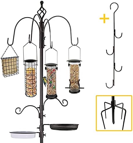 Bird Feeder Station with Suet Cage & Water Bowl Fruit Hook- Adjustable Pole, 6 Hanging Hooks for Wild Birds, Outdoor Garden Bird Feeding Kit