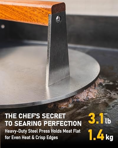 Smash Burger Press, 3.8-Lb Burger Smasher, 9-Inch Bacon Press for Batch Cooking, Stainless Steel, Easy to Clean and Seasoning Free, Heatable for Searing Panini, Steak, Chicken, Fish, Round