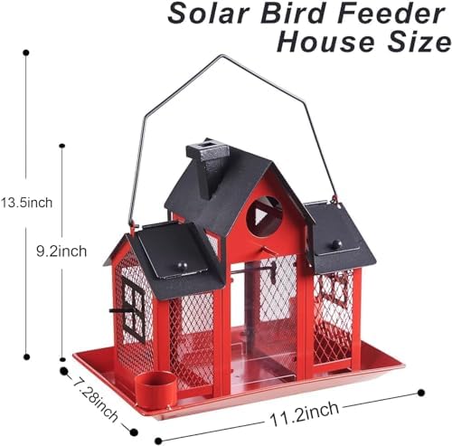 Solar Bird Feeders House for Outside Hanging, Metal Wild Bird Feeder for Outdoors, Large Cardinal Bird Feeder Birdhouses Squirrel Proof (Red)