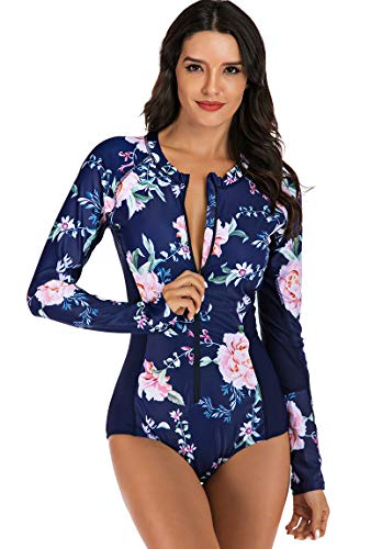 Akaeys Women's Long Sleeve Zip Front Swimwear UV Protection Printed Surfing Swimsuit One Piece Rashguard Navy-Floral