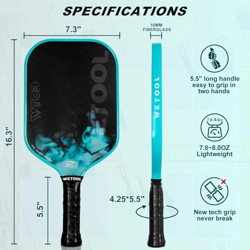 WETOOL Pickleball Paddles Set of 2/4, USAPA Approved, Foam Moulding 5.5" Elongated Handle, Textured Surface, Lightweight, 16mm Fiberglass Pickle Ball Rackets 2 Pack for Beginners
