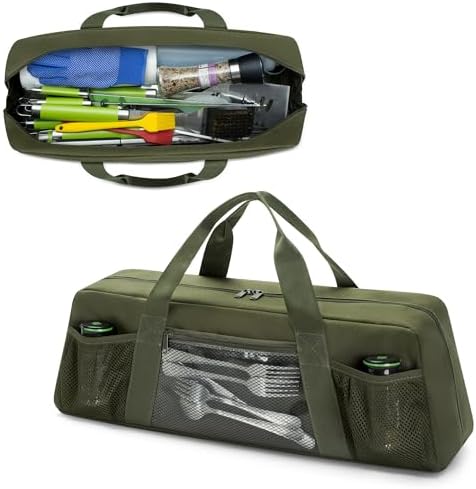 Grill Tool Storage Bag, Outdoor BBQ Utensil Holder for Barbecue Tool up to 20", Large Grill Utensil Storage Caddy with Pockets, BBQ Accessories Case Container for Camping, Bag Only, Green