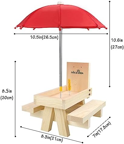 MIXXIDEA Squirrel Feeder Table with Umbrella, Wooden Squirrel Picnic Table Feeder, Sturdy Squirrels Feeder Corn Cob Holder, with Solid Structure and 2 x Thick Benches(1pk)