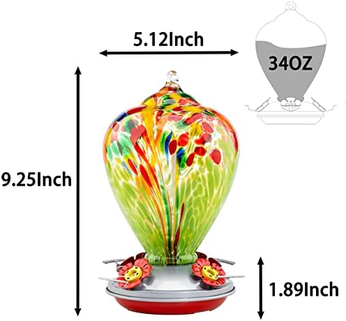 Muse Garden Hummingbird Feeders for Outdoors Hanging, Blown Glass Hummingbird Feeder, Hummingbird Gifts for Mom, Garden Decor for Outside, Unique Gifts Idea for Women, 34 OZ, Green Fireworks