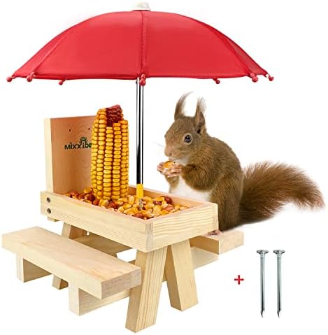 MIXXIDEA Squirrel Feeder Table with Umbrella, Wooden Squirrel Picnic Table Feeder, Sturdy Squirrels Feeder Corn Cob Holder, with Solid Structure and 2 x Thick Benches(1pk)