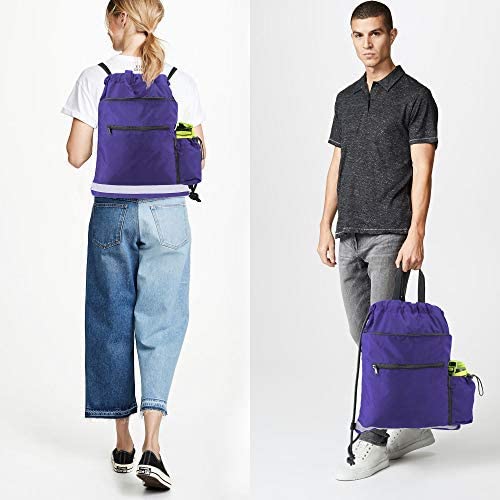 BeeGreen Purple String Backpack Bag for Sports 1 Pieces Cinch Sack w Zipper Front Pocket Portable Sinch Sackpack Large Durable Gymsack w Water Bottle Pouch …