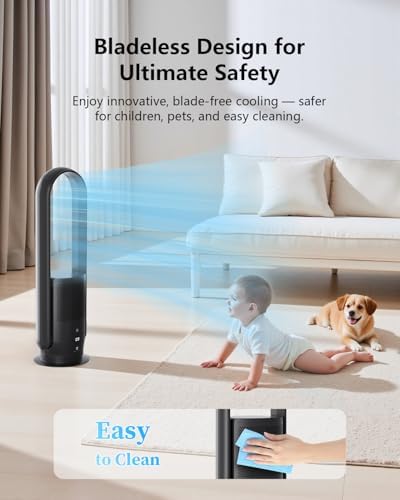 ULTTY Bladeless Tower Fan with HEPA Filter, 90° Oscillating Tower Fan, Remote Control, Touch, 8H Timer, 9 Speeds, Powerful Floor Fan for Bedroom Room Home Office, CR022, Black
