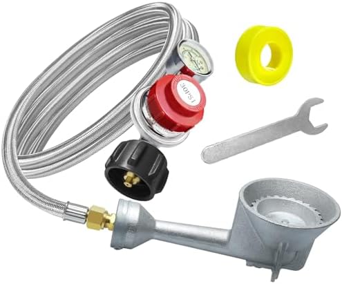 High Pressure Cast-Iron Round Burner Head 0-30PSI Adjustable Pressure Propane Regulator with Hose and Brass Fitting Propane Burner Head with 5FT Stainless Braided Hose for Turkey Fryer Burners