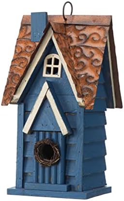 Glitzhome 12" H Retro Blue Distressed Solid Wood Cottage Birdhouse Hanging Bird House for Outdoors