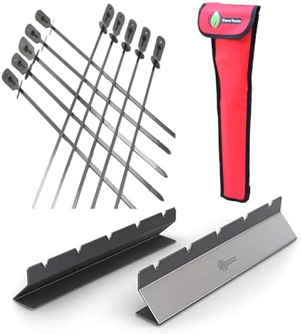 Cave Tools Kebab Rack & Skewers Set - Stainless Steel, Includes 10 Flat Skewers with Food Remover Disc - Compatible with All Types - 17.3 Inch BBQ Grilling Accessories