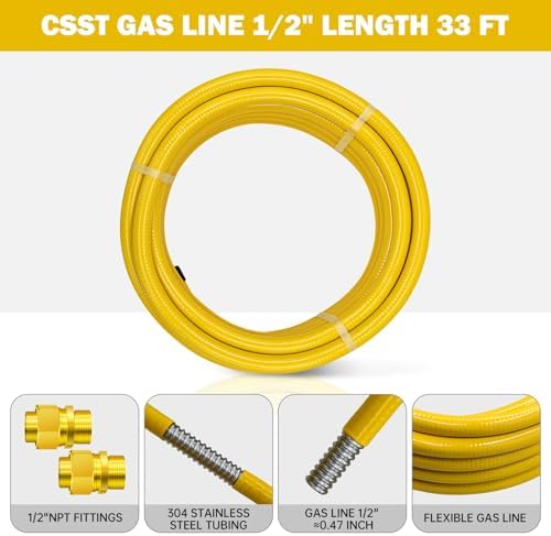 1/2" CSST Gas Line 33ft Flexible Gas Line,Corrugated Stainless Steel Tubing with 2 Male Fittings for Natural Gas and Propane