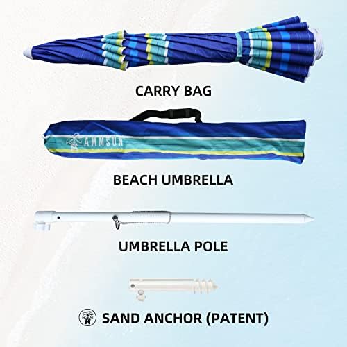 AMMSUN 8 Feet Large Beach Umbrella with Sand Anchor Heavy Duty High Wind Portable Outdoor Umbrellas UV 50+ Protection Air Vent Tilt Patio Garden Pool