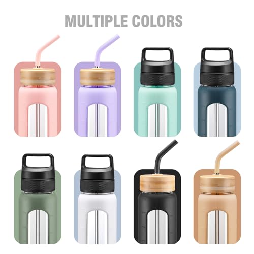 Kodrine 24 oz Glass Water Bottle with Straw, Clear Water Bottle Chug Lid and Bamboo Straw Lid, Borosilicate Glass Bottle 2 Lids Handle Top, Wide Mouth Water Bottle With Silicone Sleeve, Amber