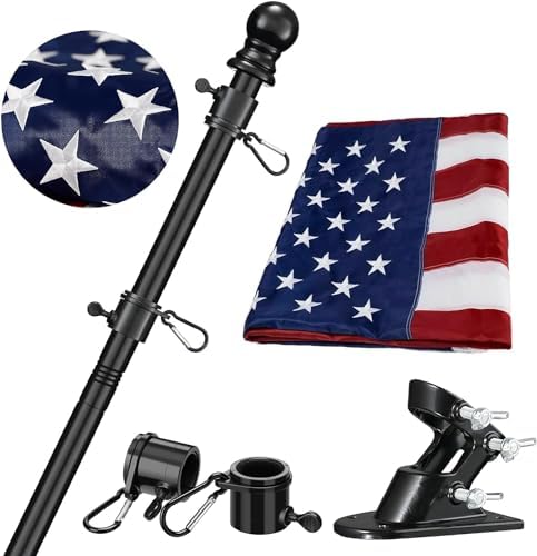American Flag with Pole - Includes 6ft Heavy Duty Flag Pole Holder for Outside House,3x5 Embroidered US Flag and Wall Mount Bracket,Tangle Free Flagpoles Kit for Porch,Fence,Outdoor