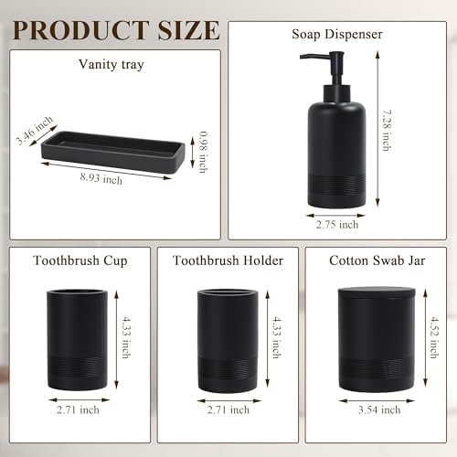 Bathroom Accessories Set, 6-Piece Bathroom Accessory Set, Toothbrush Holders Set, Soap Dispenser, Vanity Tray, Tumbler, Cotton Swab Jars, Bathroom Organizer for Modern Bathrooms(Matte Black)