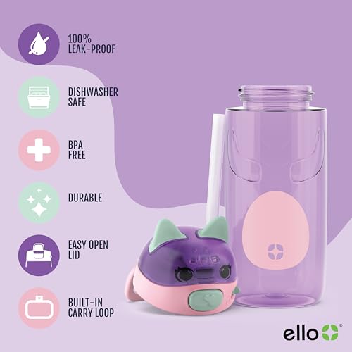 Ello Ellies 16oz Plastic Kids Water Bottle with Straw and Built-in Carrying Handle and Leak-Proof Locking Lid for School backpack, Lunchbox and Outdoor Sports, Cat