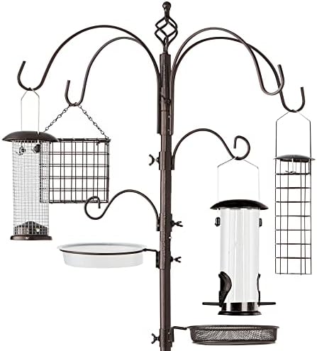 Best Choice Products 6-Hook Bird Feeding Station, Steel Multi-Feeder Kit Stand for Attracting Wild Birds w/ 4 Bird Feeders, Mesh Tray, Bird Bath, 5-Prong Base - Bronze