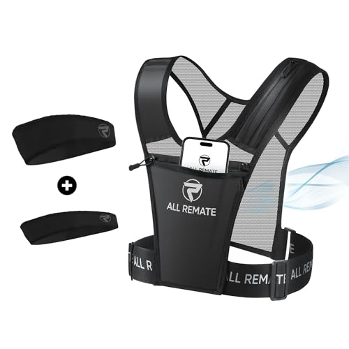 ALL REMATE Unisex Reflective Running Vest 2 Head Bands set with 5 Pockets for Phones, Water bottles, Ear Bud Case, Keys, etc. Ventilative Adjustable Jogging Gear