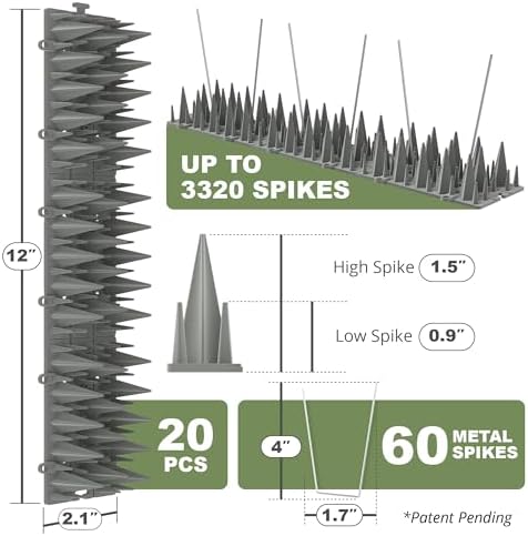 20 Pack Bird Spikes Deterrent - 20ft Pigeon Deterrent for Balcony. 3200 Spikes to Keep Birds Away. Bird Spikes for Outside to Keep Birds Away & Deter Barn Swallows from Nesting, Squirrel Deterrent