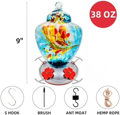 REZIPO Hummingbird Feeder with Perch - Hand Blown Glass - Blue - 38 Fluid Ounces Hummingbird Nectar Capacity Include Hanging Wires and Moat Hook