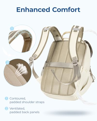 BAGSMART Backpack for Women, Wide Opening Travel Backpack, College Backpack for 15.6 Inch, Water-Resistant Quilted Daypack Lightweight Bookbag, Beige