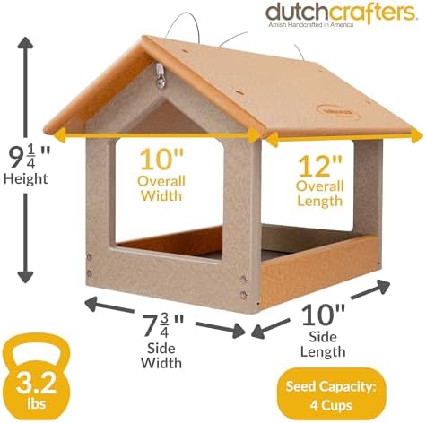 Amish USA Made Recycled Plastic Large Hanging Modern Fly Through Covered Roof Open Platform Tray Bird Feeder for Outdoors, Garden, Yard (Cedar & Weatherwood)