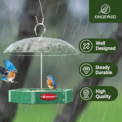 Kingsyard Platform Bird Feeder for Outdoor Hanging - Rugged Recycled Plastic Wild Bird Feeding Station with Adjustable Dome & Metal Mesh Tray, Green