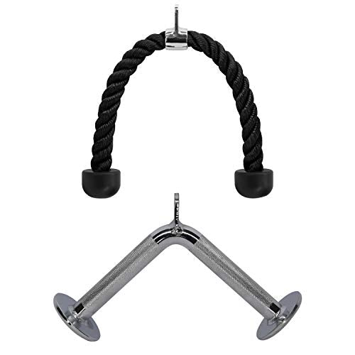 Yes4All Combo Tricep Rope/Tricep Pull Down Rope and V Bar Cable Attachment – Cable Bar for Strength Training (Tricep Rope + V Shaped Bar)