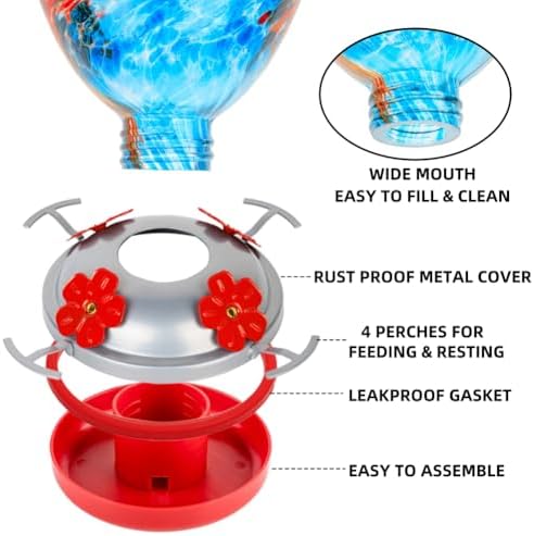 REZIPO Hummingbird Feeder with Perch - Hand Blown Glass - Blue - 38 Fluid Ounces Hummingbird Nectar Capacity Include Hanging Wires and Moat Hook