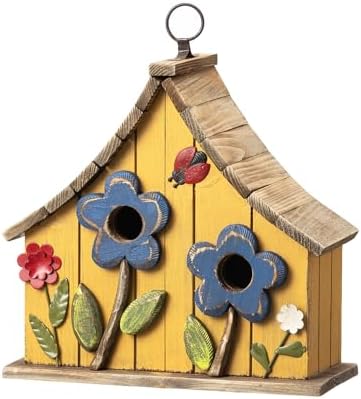 Glitzhome Hanging Birdhouses for Outside, 10.75" L Distressed Solid Wood Birdhouse with 3D Flowers Rustic Two-Story Townhouse Hand-Painted Bird Houses for Outdoors,Washed Yellow