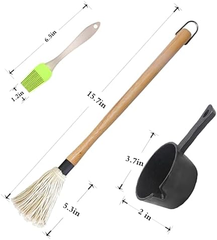 BBQ Mop Brush and Cast Iron Sauce Pot Set, 11-in-1 Value Pack includes 2Pcs Wooden Long Handle, 6 Brush Heads, 1 Cast iron BBQ Pan and 2 Silicone Brushes for Grilling all Types of Ingredients