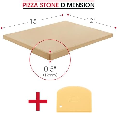 Unicook Pizza Stone for Oven and Grill, Rectangular Baking Pan 15 Inch x 12 Inch, Cordierite Large Cooking Oven Stone with Plastic Dough Scraper, Thermal Shock Resistant Pizza Pan
