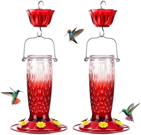 Kingsyard 2 Pack Glass Hummingbird Feeders for Outdoors Hanging, Wild Bird Nectar Feeder with 6 Feeding Ports, 24 oz Leak-Proof, Red Gradient (Ant Moat Included)