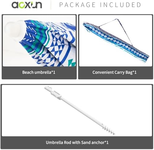 Aoxun Beach Umbrella with Tilt Pole, Portable Sand Anchor and Carry Bag, UPF 50+ Sun Shelter Air Vents Design for Outdoor Activities (Blue), 6.5ft