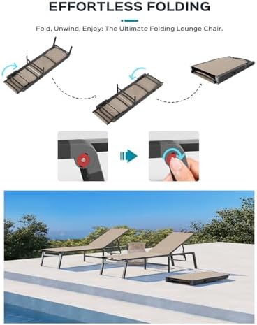 Aluminum Chaise Lounge Ourdoor - Foldable & Assemble Free Outdoor Lounge Chair with 5 Adjustable Backrest, Patio Lounge Chair for Outside Poolside Beach Pool, Khaki
