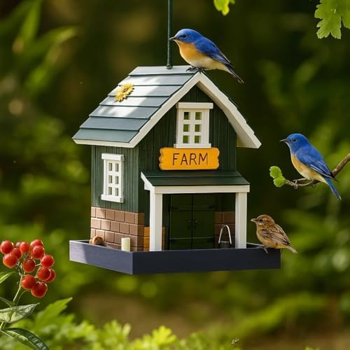 Birdfeeder for Outside, Hanging Bird Feeder for Outdoor, Decorative Colorful Bird House for Garden, Pole Post Mountable Birdfeeder, Solid Cedar Wood Longtime Weatherable (Farm House)