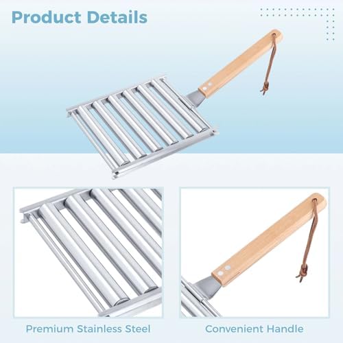 2Pcs Hot Dog Roller for Grill, Stainless Steel Sausage Roller Rack with Extra Long Wood Handle, BBQ Hot Dog Griller for Evenly Cooked Hot Dogs, 10 Hot Dog Capacity, 6.5 x 5.5 Inch