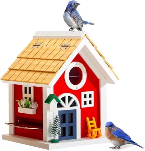Masterpiece Bluebird House for Outside - Solid Cedar Wood Bird House Bird Feeder for Outdoor - Stainless Hardware - 2 Optional Hole Size 1.5" /1.25" - Garden Center Piece (Red Mansion)