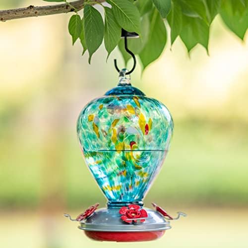 Muse Garden Hummingbird Feeders for Outdoors Hanging, Blown Glass Hummingbird Feeder Unique Gifts for Women, Containing Ant Moat, Garden Decor, 34 Ounces, Blue Chatoyant