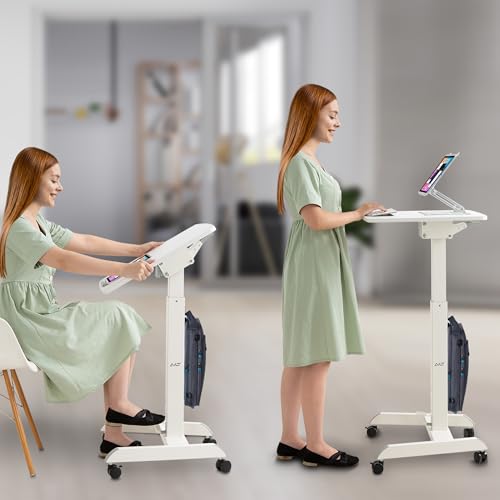 AVLT 47" Height Adjustable Mobile Workstation with Tilting Desk (3 ft 11 inches) - Foot Pedal Pneumatic Standing Desk Cart - Mobile Laptop Cart - Mobile White Cart with Brake Casters