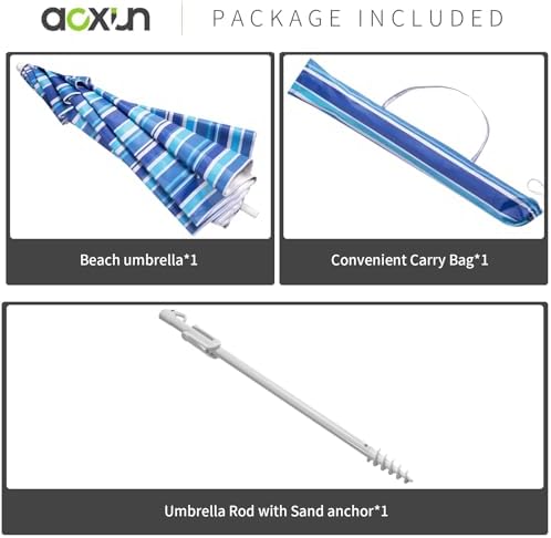 Aoxun 8FT Large Beach Umbrella with Heavy Duty Sand Anchor and Carry Bag, UPF 50+ Sun Shelter Air Vents Design for Outdoor Activities (Navy Blue & White)
