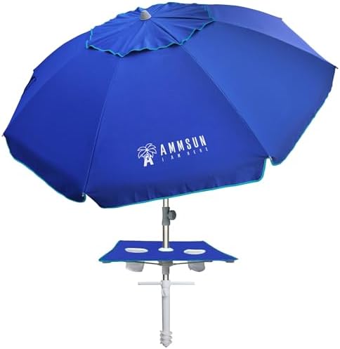 AMMSUN 7ft Heavy Duty High Wind Beach Umbrella with sand anchor, Built-in Table Tray Vent Tilt Pole, UPF 50+ Windproof Portable Outdoor Umbrellas Carry Bag for Patio Garden Pool Backyard Navy