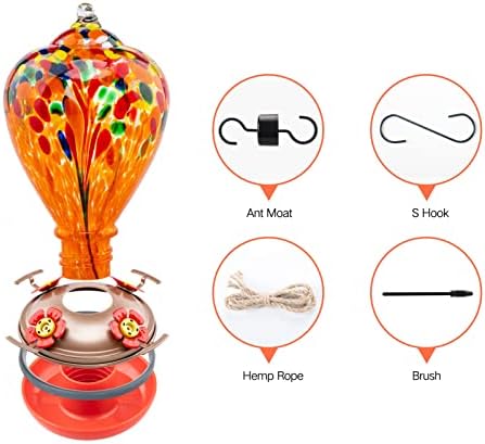 Muse Garden Hummingbird Feeders for Outdoors Hanging, Blown Glass Hummingbird Feeder Gifts for Mom, Garden Decor for Outside, Unique Gifts Idea for Women, 34OZ, Orange Fireworks