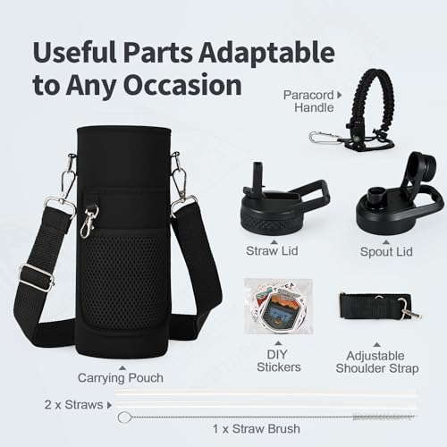 WixByti 40 oz Insulated Water Bottle with Straw (Cold for 48 Hrs), Stainless Steel Triple Wall Vacuum Sports Water Jug, Leakproof Hydro Cup Flask with Paracord Handle & Straw Spout Lids & DIY Stickers