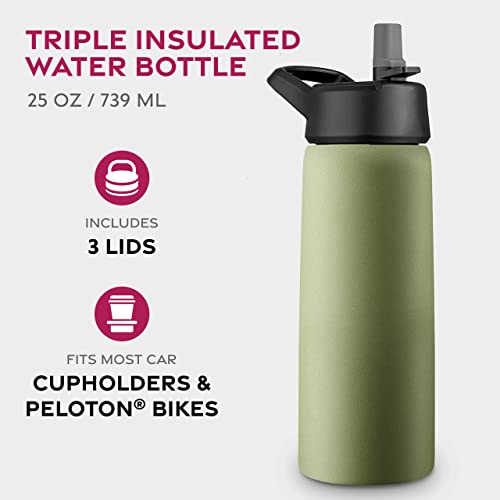 FineDine Triple Walled, Insulated Water Bottles with Straw - 32 Oz Stainless Steel Metal Bottle W/ 3 Leak Proof Lids - For Travel, School, Sports, Gym / Men, Women & Kids - Cheery Turquoise