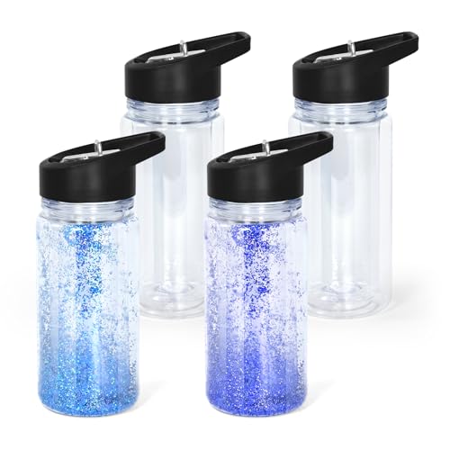 10oz Double Wall Clear Water Bottle Bulk Plastic Snow Globe Tumbler with Handle Lid, 4 Pack Acrylic Pre-Drilled Hole With Stopper Sippy Snow Globe Kid Water Bottle for Scool Sport DIY Gift, Black