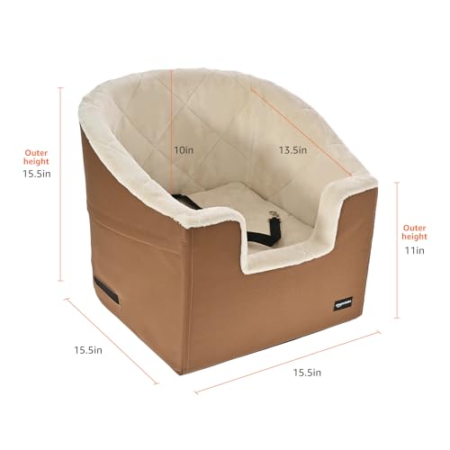 Amazon Basics Pet Car Booster Bucket Seat for Small Pets up to 25lbs, Machine Washable Cover, Clip-On Safety Leash, 18" x 18" x 16", Tan