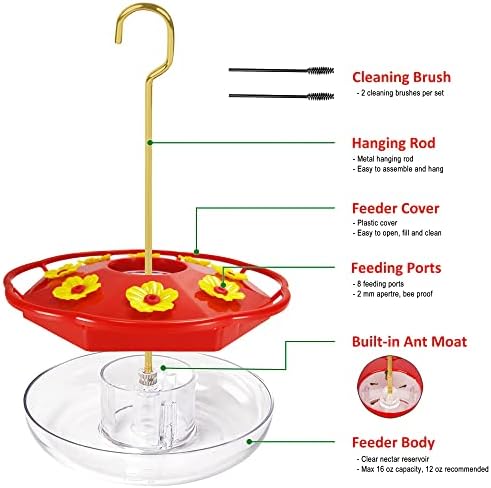 Hummingbird Feeders for Outdoors Hanging (2 Pack) 16 oz, 8 Feeding Ports Plastic Hummzinger Hummingbird Feeder, Bee-Proof Leak-Proof No Drip, Easy to Clean with Cleaning Brushes
